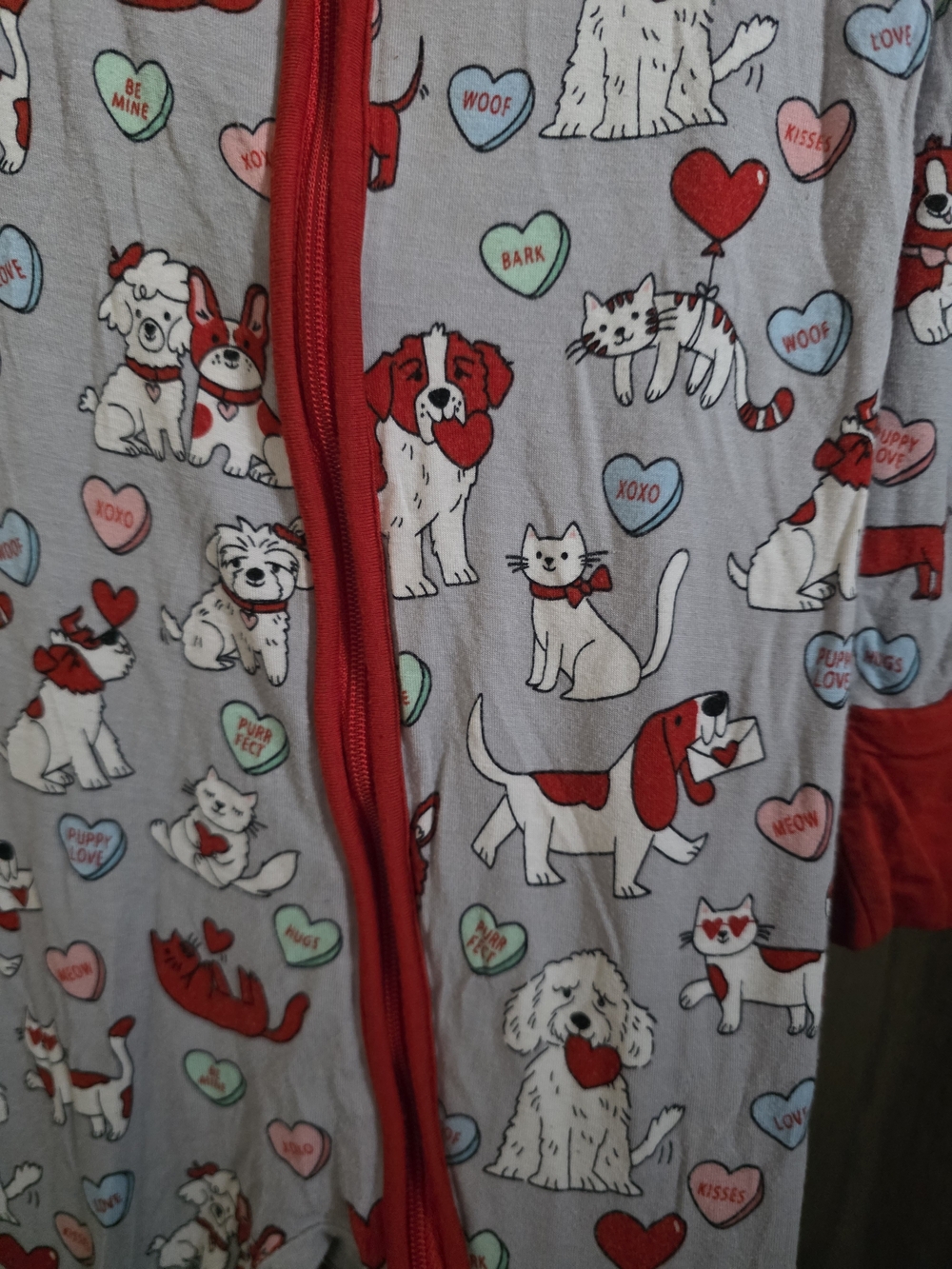 Red Trim Gray Puppy Print Kids One-Piece Pajamas - Picture 2 of 3